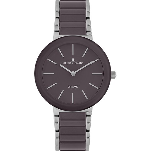 Jacques Lemans dameshorloge van roestvrij staal met donkere wijzerplaat, zilverkleurige wijzers en indexen.