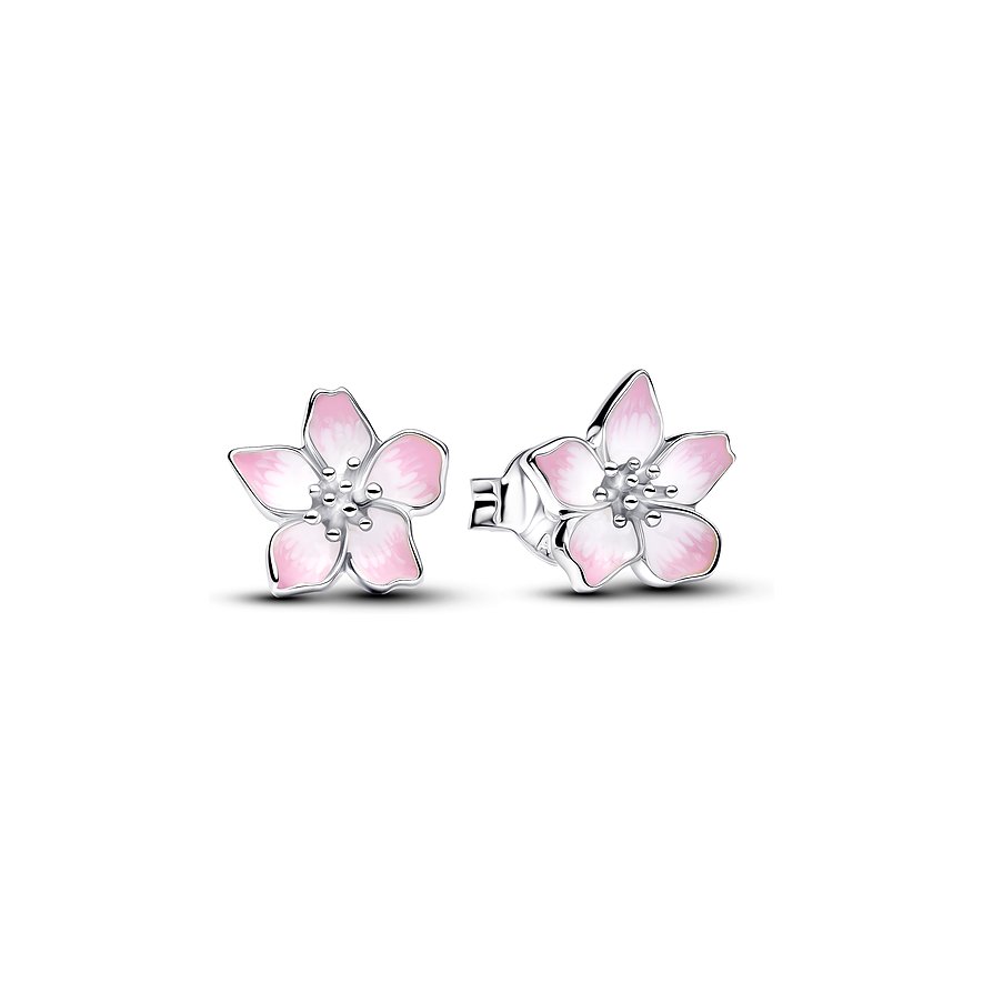 Pandora Ohrschmuck aus 925er Silber und Emaille: zwei Ohrstecker in Form rosa-weißer Blüten.