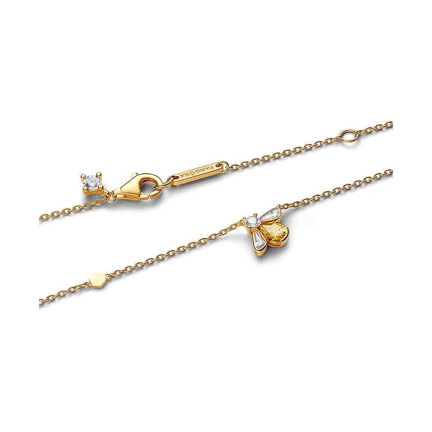 Pandora Halskette aus goldfarbenem Metall mit Bienen-Anhänger, verziert mit klarem und gelbem Zirkonia als Farbsteinen.
