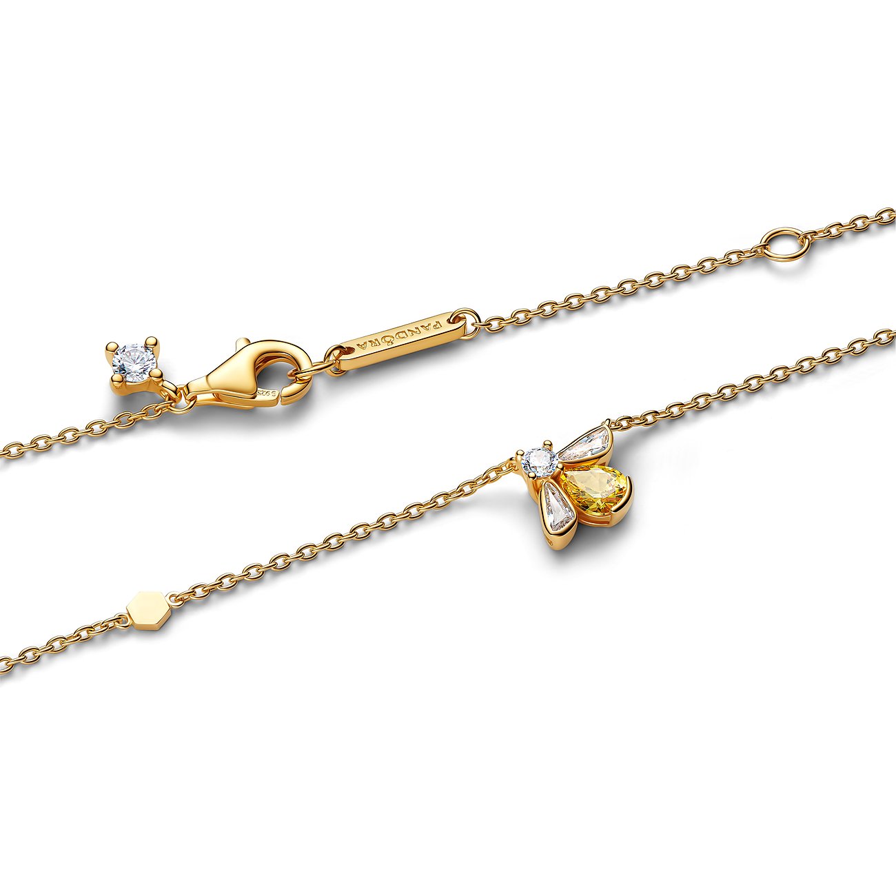 Pandora Halskette aus goldfarbenem Metall mit Bienen-Anhänger, verziert mit klarem und gelbem Zirkonia als Farbsteinen.