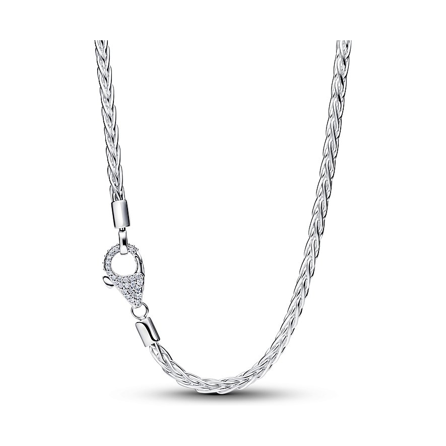 Pandora Schlangenkette aus Silber, detailliert mit Zirkonia-besetztem Karabinerverschluss, der die Zopfoptik elegant ergänzt.