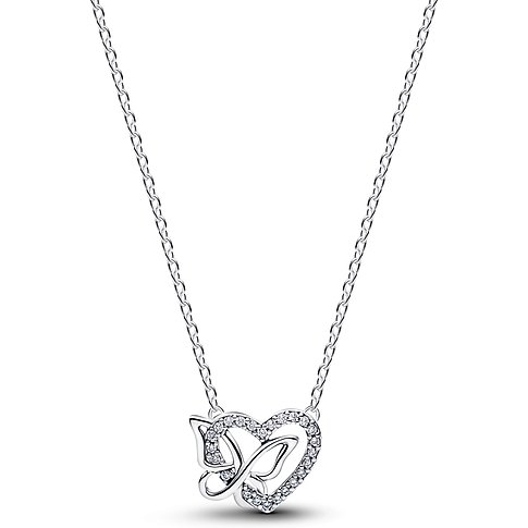 Pandora Halskette aus 925er Silber mit Zirkonia, filigranem Herzanhänger und einem verschlungenen K.