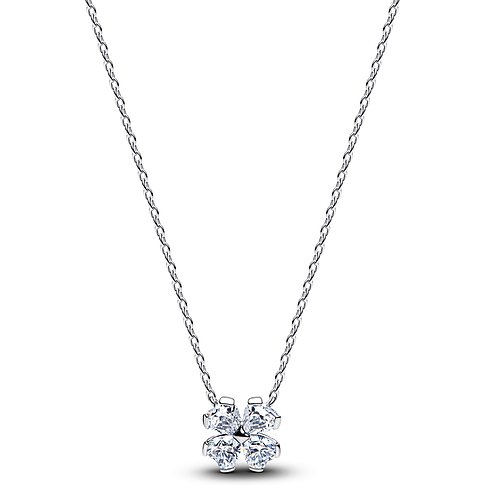 Pandora Halskette aus 925er Silber mit Zirkonia-Anhänger in Form eines Vierblatts oder einer Blume.