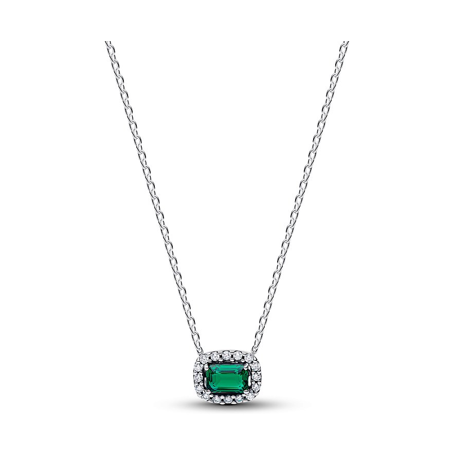 Pandora Halskette aus 925er Silber mit rechteckigem grünem Zirkonia, umrandet von kleinen klaren Zirkonia.