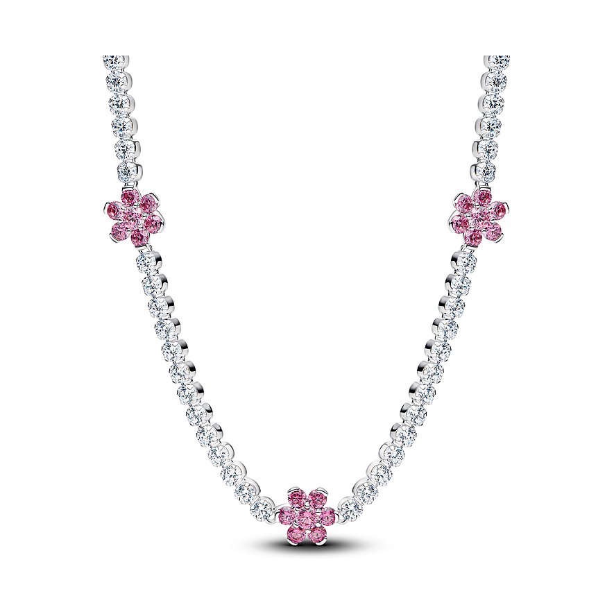 Eine Pandora Halskette aus Silber mit klaren Zirkonia-Steinen und drei rosa blumenförmigen Farbstein-Akzenten.