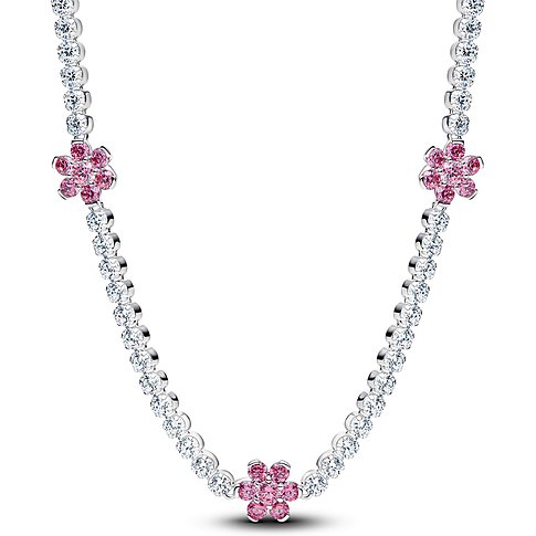 Eine Pandora Halskette aus Silber mit klaren Zirkonia-Steinen und drei rosa blumenförmigen Farbstein-Akzenten.