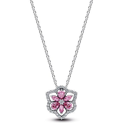 Pandora Halskette aus 925er Silber mit blütenförmigem Anhänger, der mit pinkfarbenen Zirkonia verziert ist.