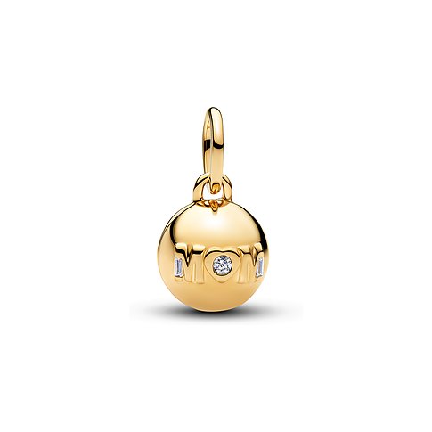 Pandora Anhängeschmuck, goldfarben, "MOM" mit Herz-O aus Zirkonia-Farbstein, umgeben von zwei Stabsteinen.
