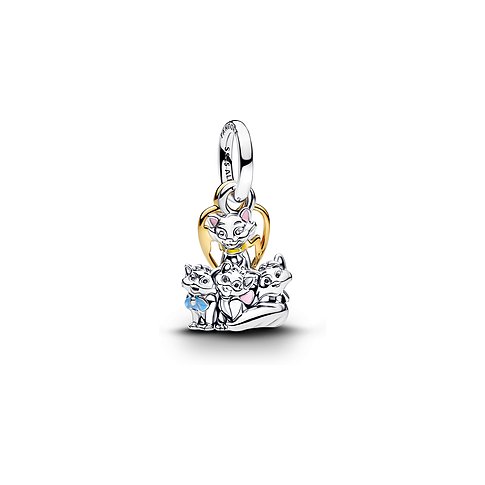 Pandora Anhängeschmuck aus Silber und Metall, der eine Katze und drei Kätzchen zeigt, mit einem goldenen Herzen.