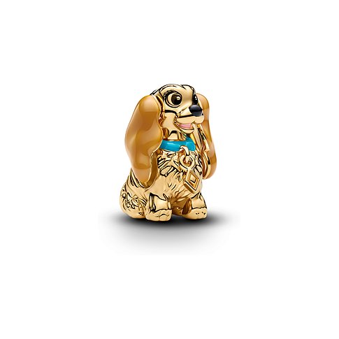 Pandora Anhängeschmuck in Form eines goldenen Hundes mit blauer Emaille-Schleife und detailliertem Gesicht.