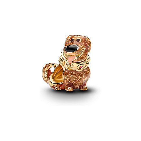 Pandora Anhängeschmuck aus Metall und Emaille in Form des Hundes Dug, mit Kristallen als Augen.
