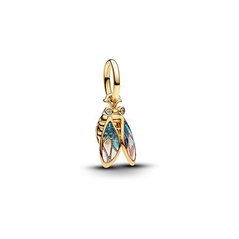 Pandora Anhängeschmuck in Gold mit blau-braun schillernden Flügeln und Zirkonia als Augen.