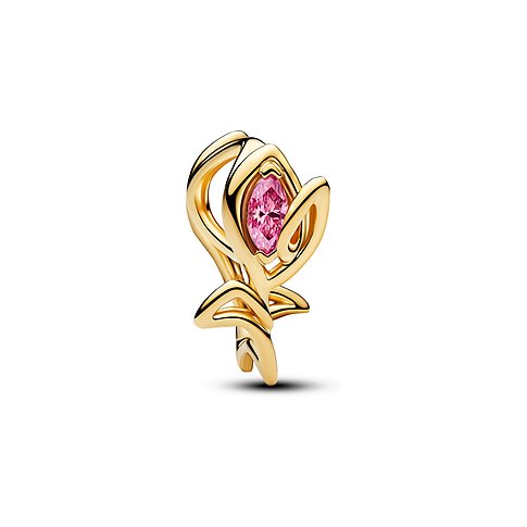 Ein goldenes Pandora Anhängerschmuckelement aus Metall mit einem marquiseförmigen rosa Zirkonia im Zentrum.