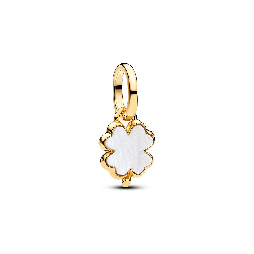 Pandora Anhängeschmuck aus goldenem Metall mit einem Perlmutt-Farbstein in Kleeblattform.