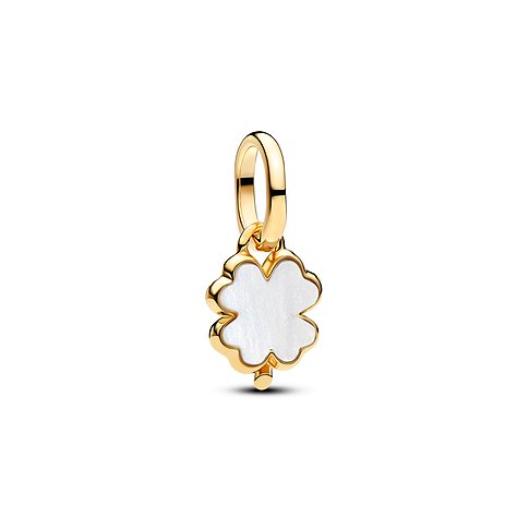 Pandora Anhängeschmuck aus goldenem Metall mit einem Perlmutt-Farbstein in Kleeblattform.