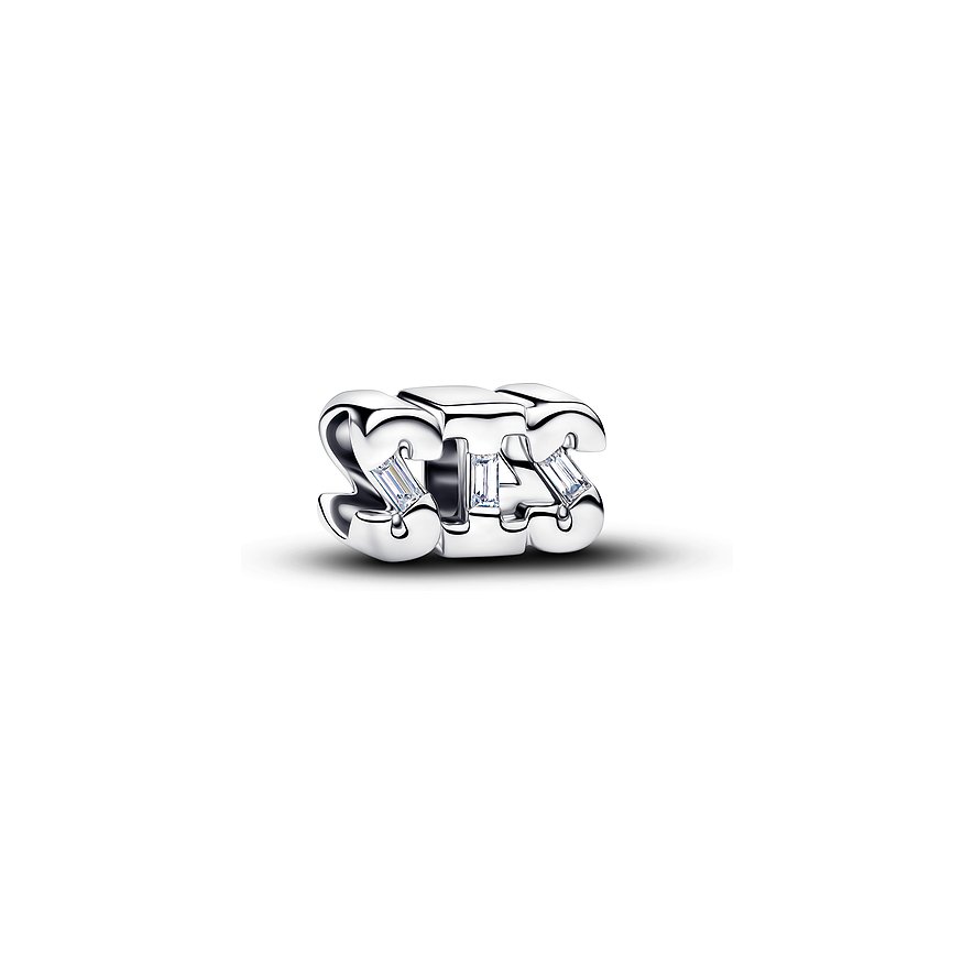 Pandora Charm aus 925er Silber in Form der Buchstaben „SIS“ mit klaren Zirkonia-Steinen.