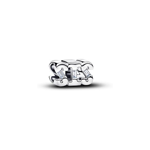 Pandora Charm aus 925er Silber in Form der Buchstaben "SIS" mit klaren Zirkonia-Steinen.