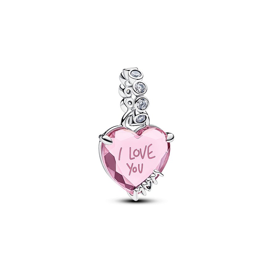 Pandora Herz Anhängeschmuck aus 925er Silber mit rosa Farbstein Zirkonia, der mit „I love you“ graviert ist