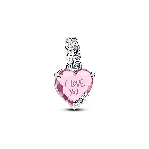Pandora Herz Anhängeschmuck aus 925er Silber mit rosa Farbstein Zirkonia, der mit "I love you" graviert ist
