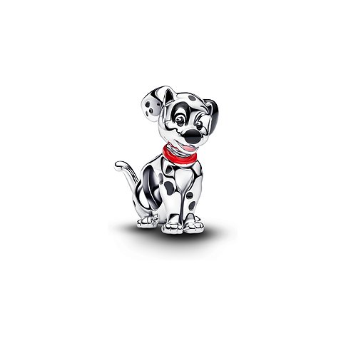 Pandora hängender Dalmatiner-Charm aus Silber und Emaille mit roten und schwarzen Details auf weißem Hintergrund.