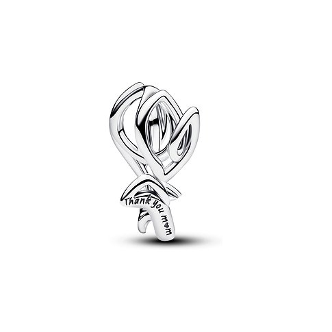 Ein Pandora Charm aus 925er Silber in Form einer verschlungenen Schleife mit der Gravur "Thank you mom".