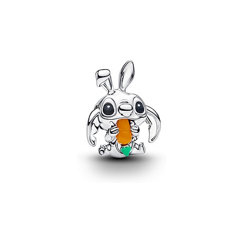 Pandora Anhängeschmuck in Form des Charakters Stitch als Häschen verkleidet, eine Karotte haltend, aus Silber und Emaille.