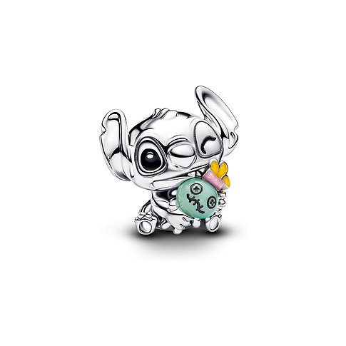 Pandora Charlie Brown Silber-Anhänger mit dem Charakter Stitch, der einen Ball mit grünem Gesichtsausdruck hält.