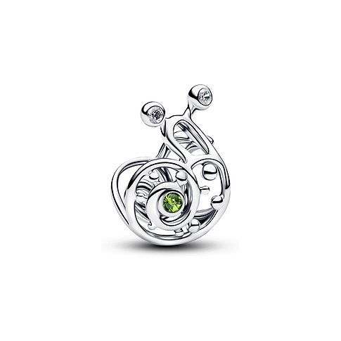 Pandora Anhängeschmuck aus 925er Silber in Form einer Schnecke mit klaren Zirkonia Augen und grünem Zirkonia im Haus.