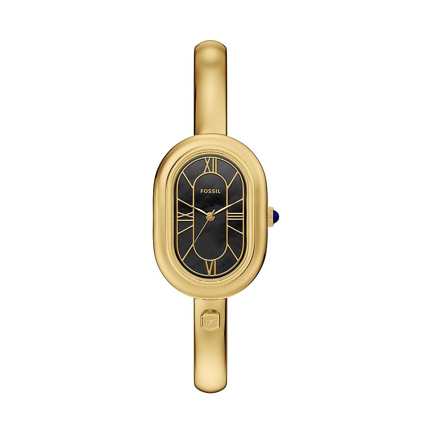 Eine von Fossil designte, goldfarbene Damenuhr aus Edelstahl mit ovalem, schwarzem Zifferblatt und römischen Ziffern.