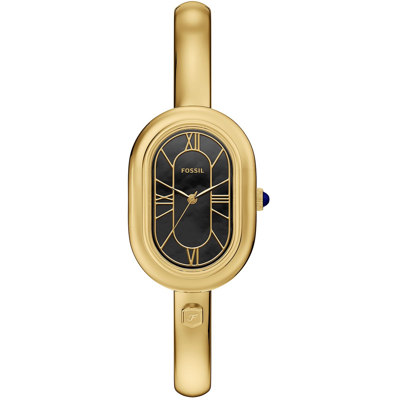 Eine von Fossil designte, goldfarbene Damenuhr aus Edelstahl mit ovalem, schwarzem Zifferblatt und römischen Ziffern.