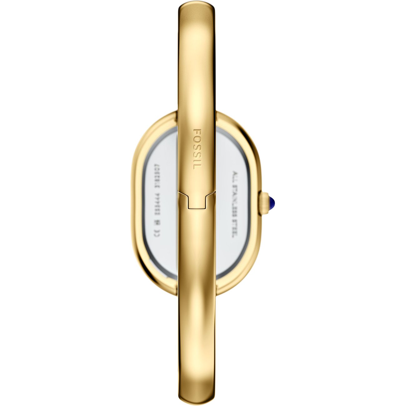 Rückansicht einer goldenen Fossil Damenuhr aus Edelstahl mit ovalem Gehäuse und blauer Krone.