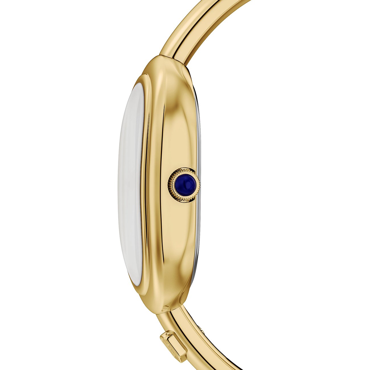 Die Seitenansicht einer goldenen Fossil Damenuhr aus Edelstahl mit einem blauen Schmuckstein an der Krone.