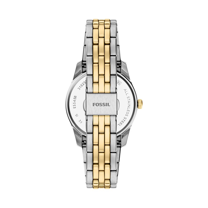 Rückseite einer Fossil Damenuhr aus Edelstahl mit silber- und goldfarbenem Armband, Fossil-Logo auf dem Verschluss.