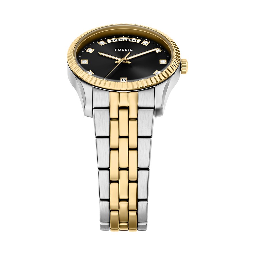 Fossil Damenuhr aus Edelstahl von schräg oben mit weiß-gelbgoldfarbenem Gliederband und schwarzem Zifferblatt.