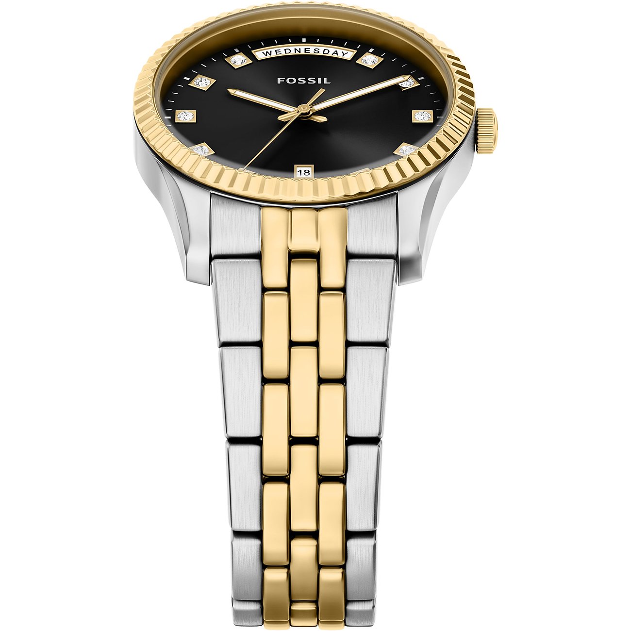 Fossil Damenuhr aus Edelstahl von schräg oben mit weiß-gelbgoldfarbenem Gliederband und schwarzem Zifferblatt.