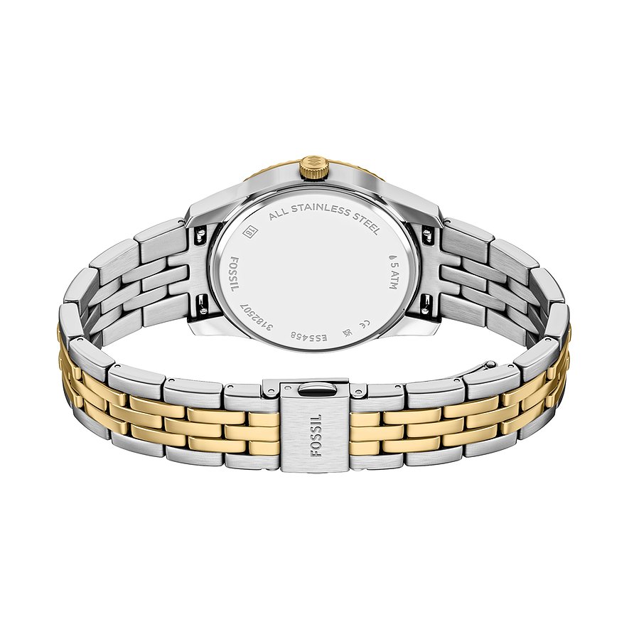 Rückansicht der Fossil Damenuhr aus Edelstahl mit silber- und goldfarbenem Gliederarmband und graviertem Gehäuseboden.