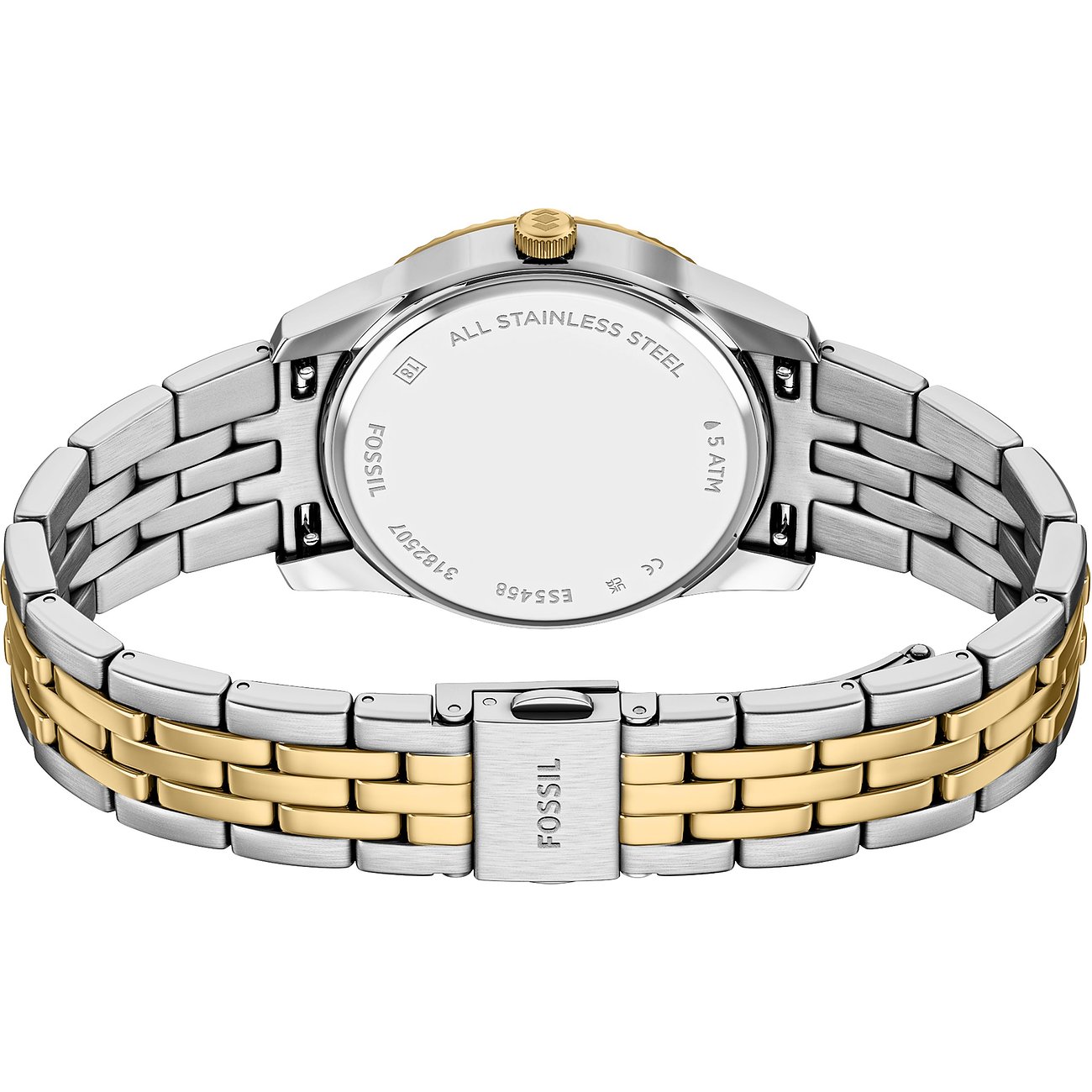 Rückansicht der Fossil Damenuhr aus Edelstahl mit silber- und goldfarbenem Gliederarmband und graviertem Gehäuseboden.