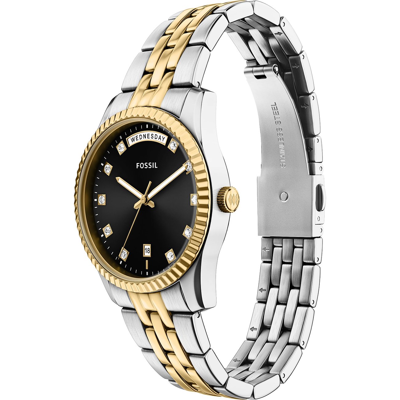 Close-up einer Fossil Damenuhr aus Edelstahl von vorne gesehen, mit goldener Lünette und schwarzem Zifferblatt.