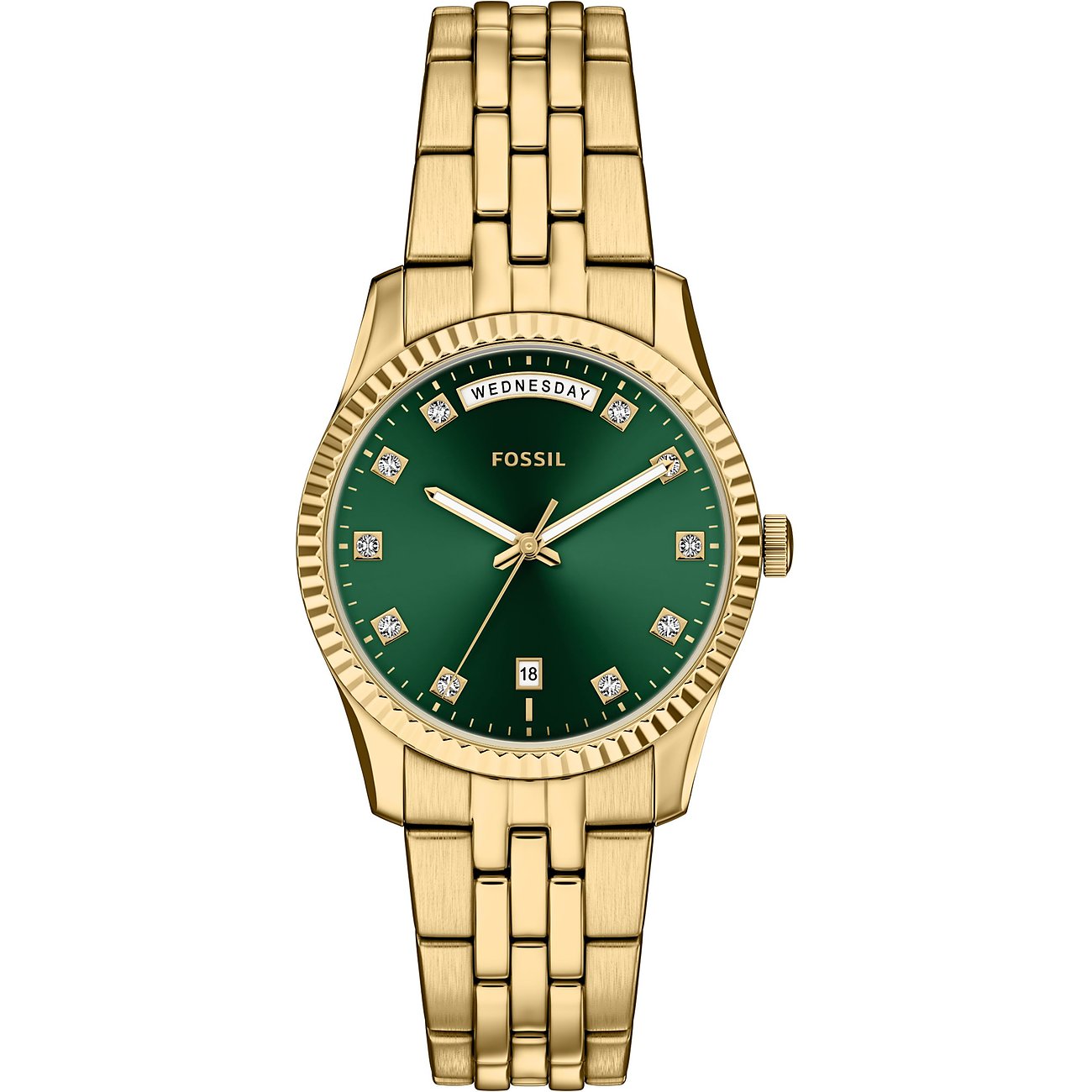 Detailaufnahme einer Fossil Damenuhr aus goldfarbenem Edelstahl mit grünem Zifferblatt und Schmucksteinen.