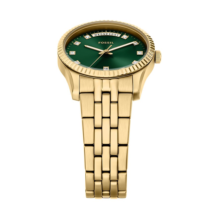 Fossil Damenuhr aus goldfarbenem Edelstahl mit grünem Zifferblatt und glänzenden Verzierungen.