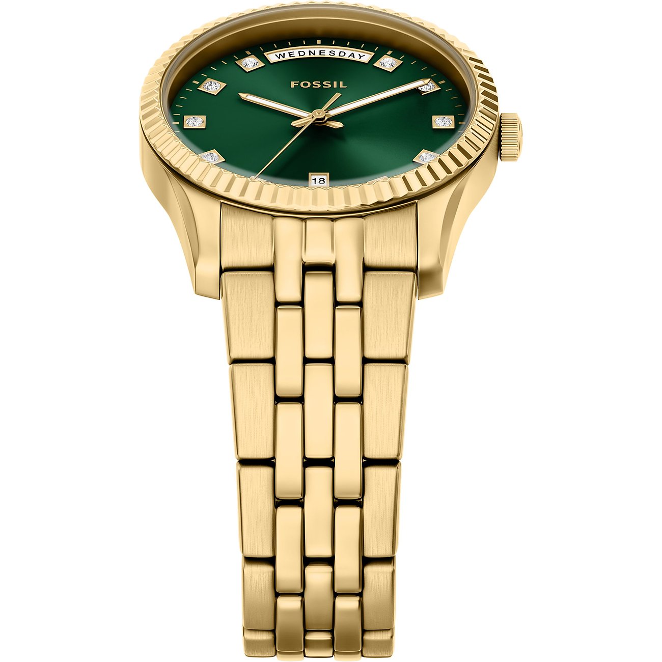 Fossil Damenuhr aus goldfarbenem Edelstahl mit grünem Zifferblatt und glänzenden Verzierungen.