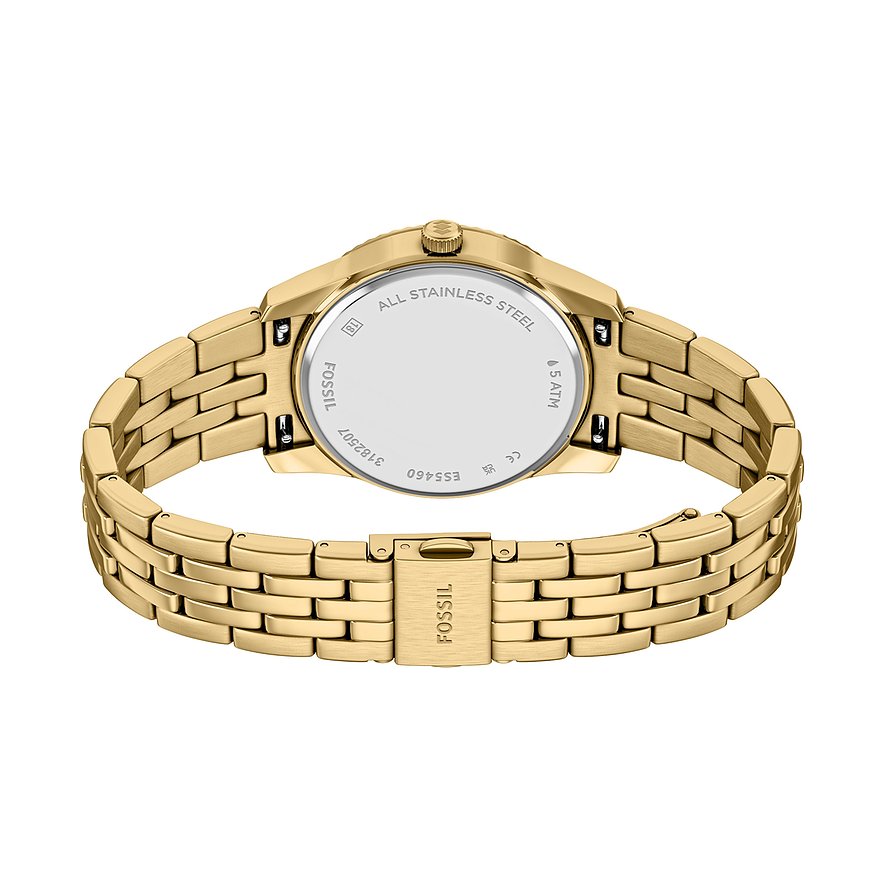Rückseite einer goldenen Fossil Damenuhr aus Edelstahl mit sichtbarer Gravur auf dem Gehäuseboden.