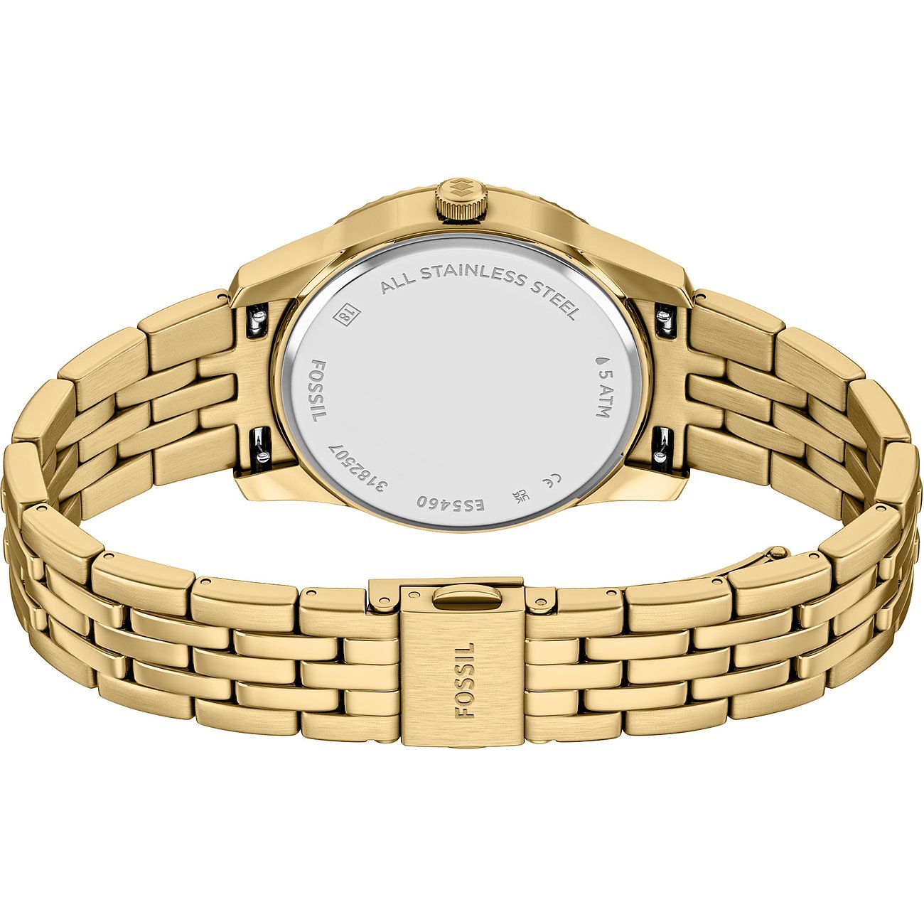 Rückseite einer goldenen Fossil Damenuhr aus Edelstahl mit sichtbarer Gravur auf dem Gehäuseboden.
