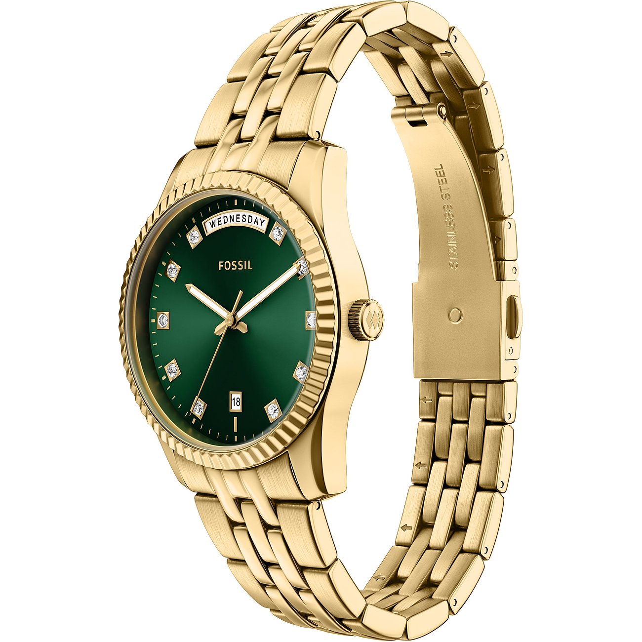 Fossil Damenuhr aus goldfarbenem Edelstahl mit grünem Zifferblatt und glitzernden Schmucksteinen als Indexmarkierungen.