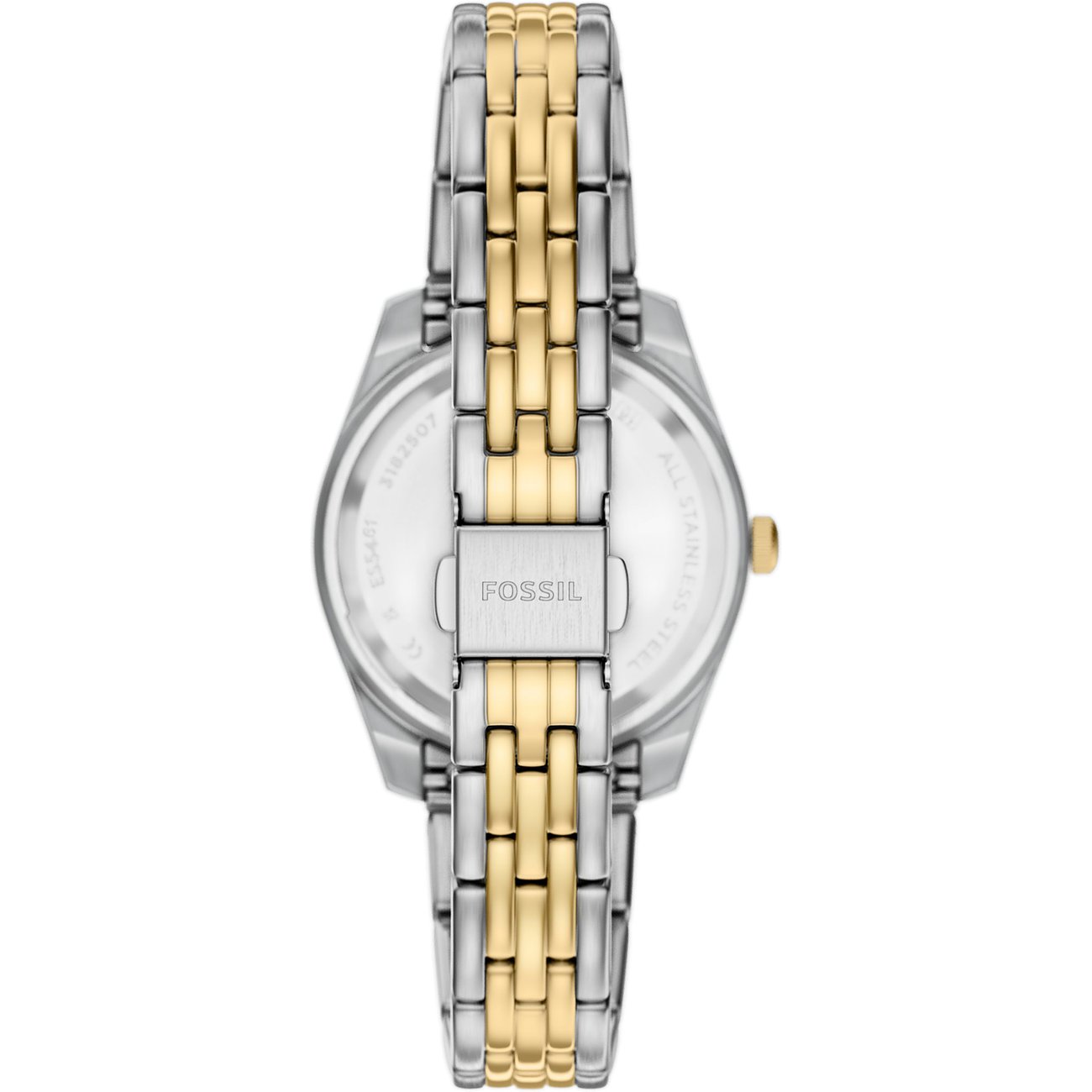 Rückseite einer Fossil Damenuhr aus Edelstahl von oben, das silberfarbene Armband mit goldenen Akzenten ist geschlossen.