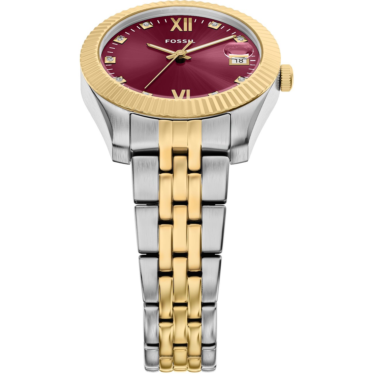 Fossil Damenuhr, Edelstahl, goldene Lünette, gold-silbernes Band, rotes Zifferblatt, Datenfenster, von vorne.