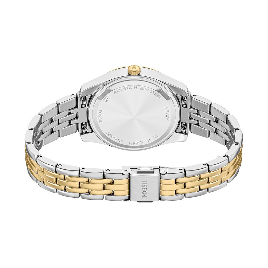 Rückansicht der silberfarbenen Fossil Damenuhr aus Edelstahl mit goldenen Akzenten am Armband und Gehäuse.