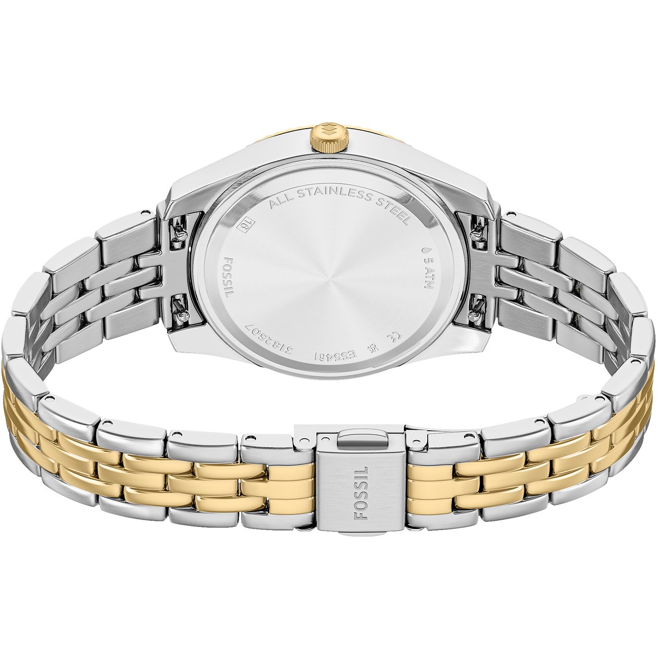 Rückansicht der silberfarbenen Fossil Damenuhr aus Edelstahl mit goldenen Akzenten am Armband und Gehäuse.
