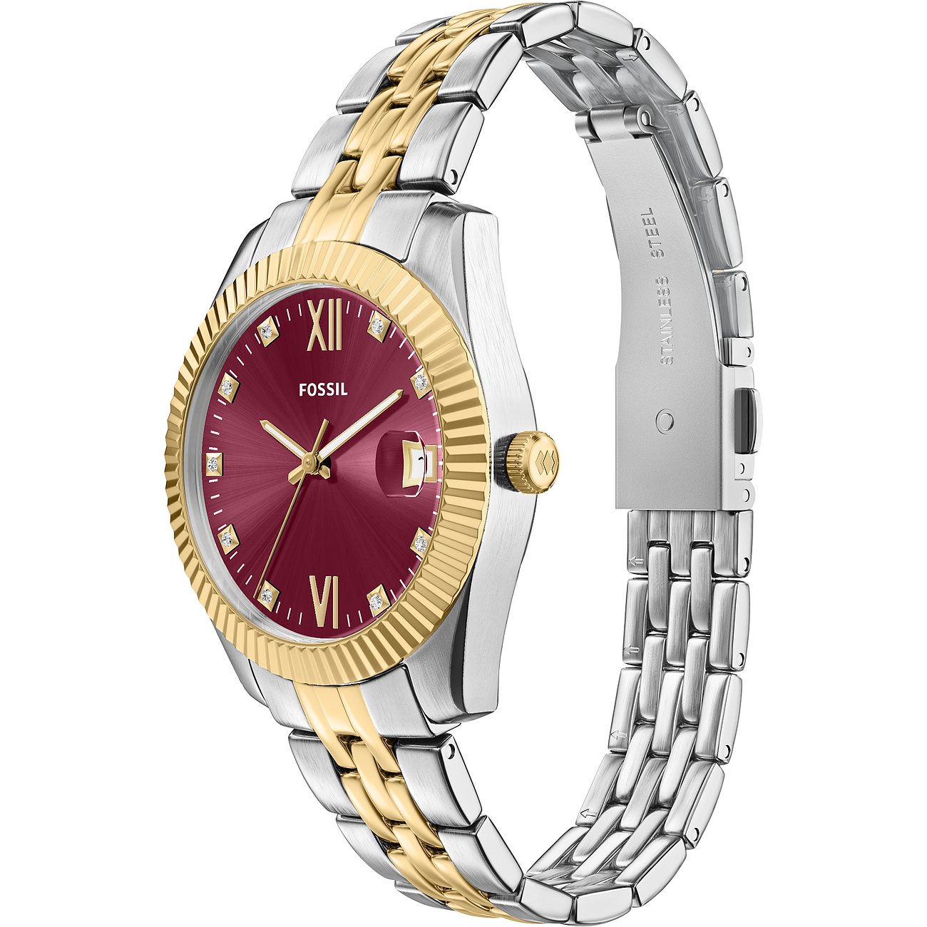 Fossil Damenuhr, Edelstahl, bordeauxrotes Zifferblatt, zweifarbiges gold-silbernes Armband, schräg von oben.