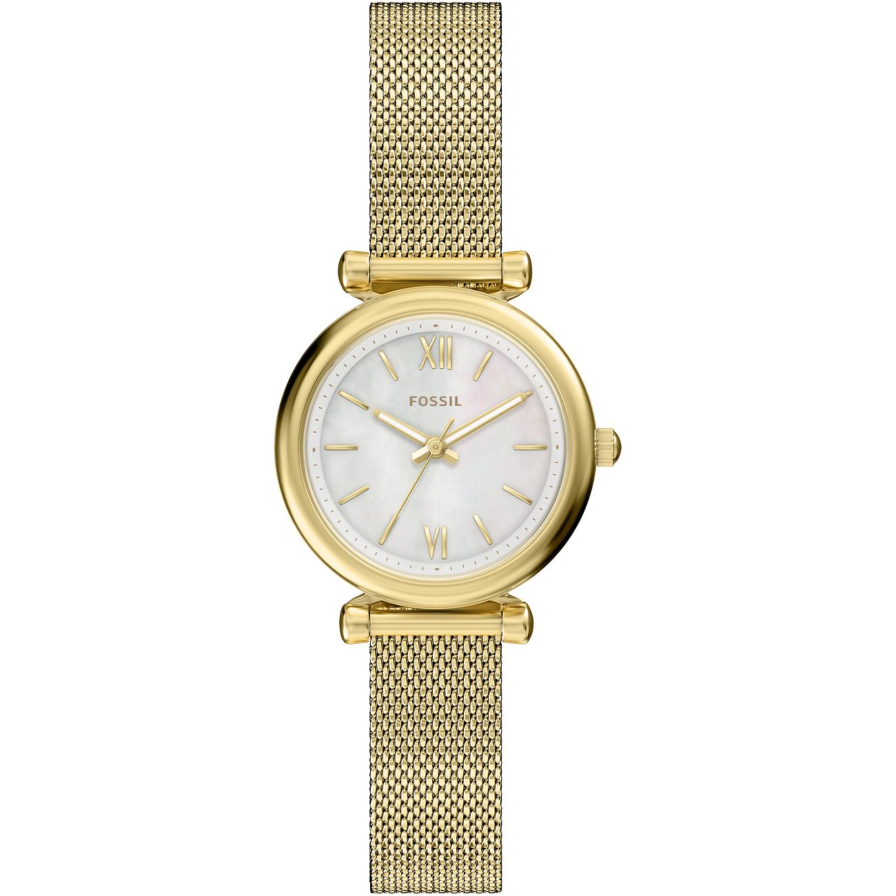 Fossil Damenuhr aus goldfarbenem Edelstahl mit weißem Zifferblatt und goldfarbenem Milanaise-Armband.
